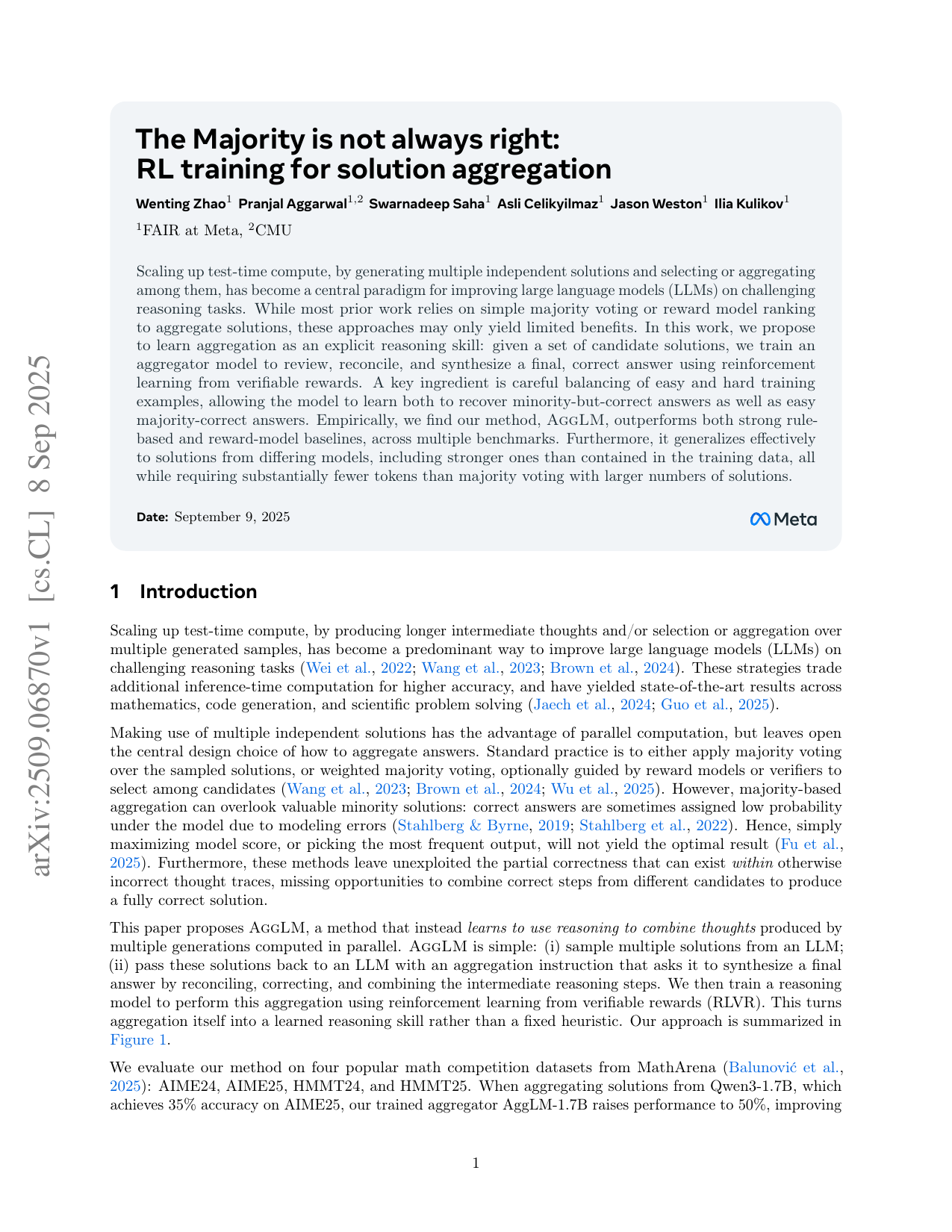 The Majority is not always right: RL training for solution aggregation