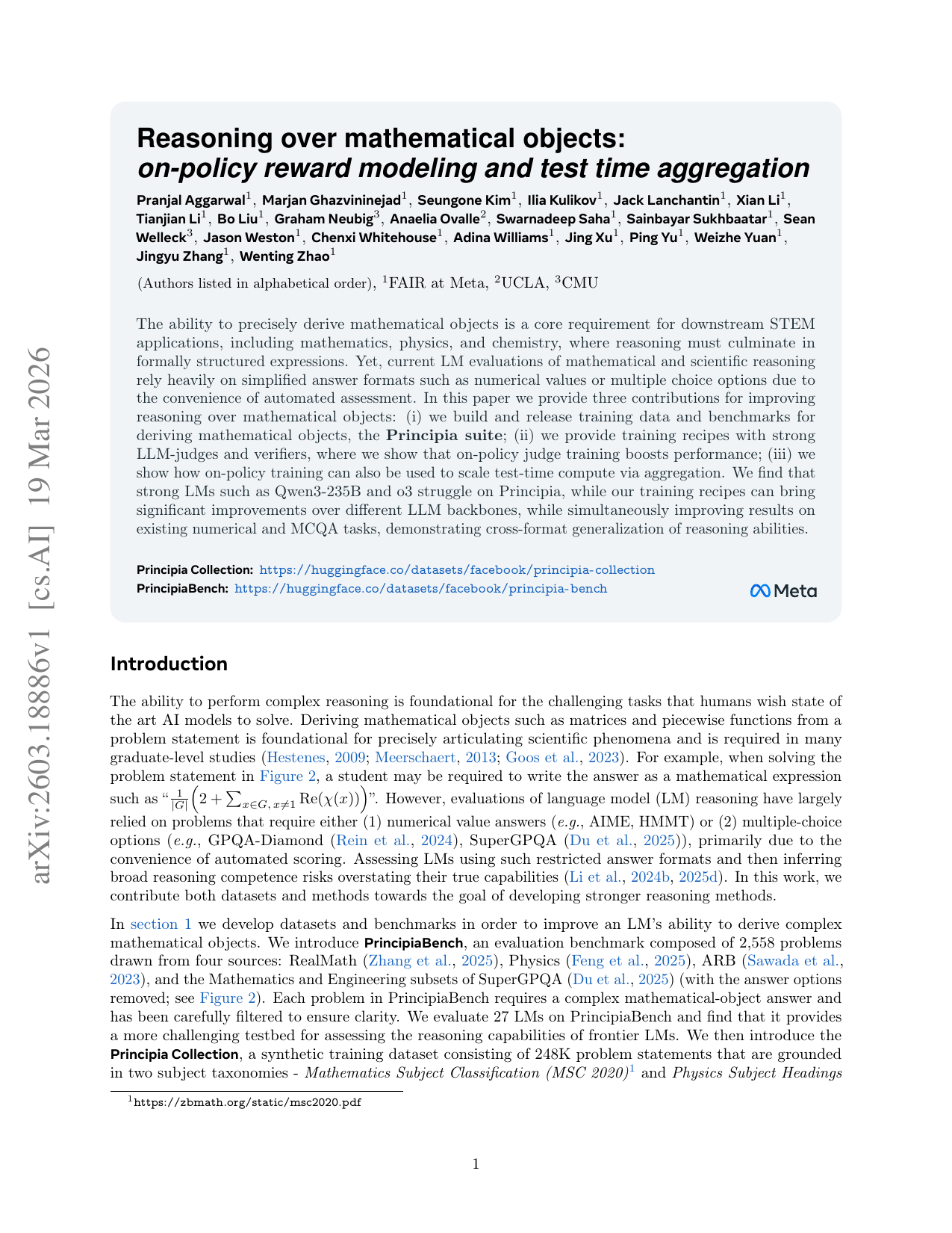 Reasoning Over Mathematical Objects: On-Policy Reward Modeling and Test Time Aggregation